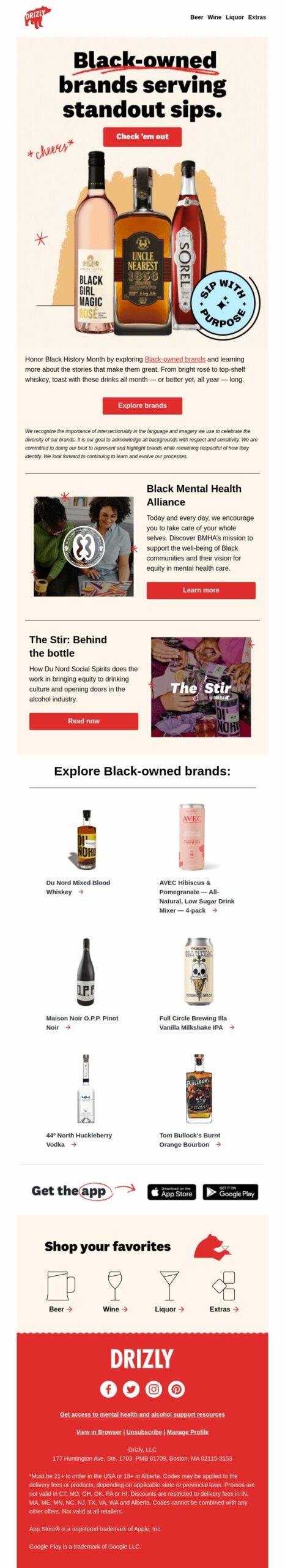 Drizly, National Black History Month email message.