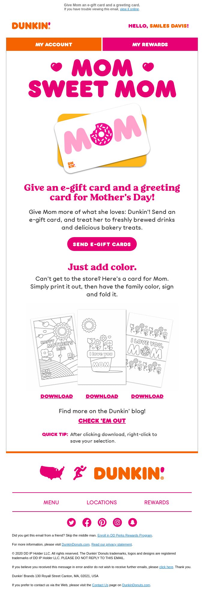 Dunkin Donuts Mother’s Day email marketing campaign.