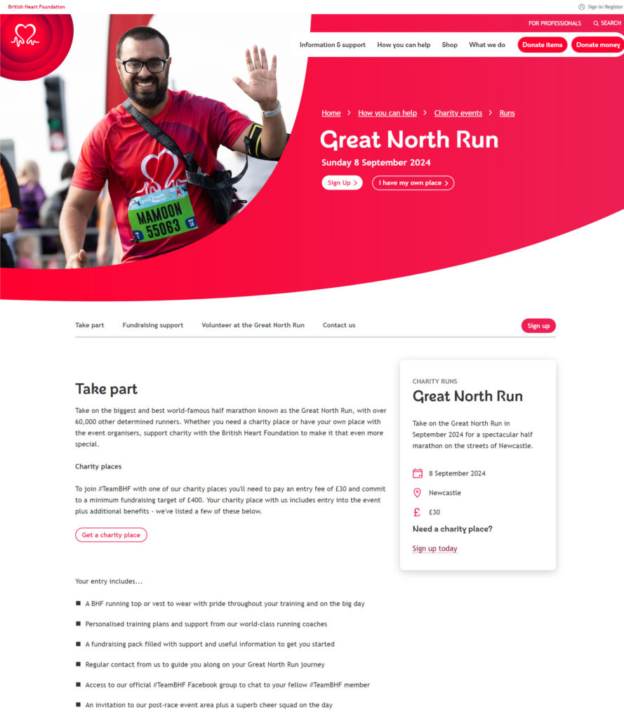 イベントランディングページ BHF Great North Run