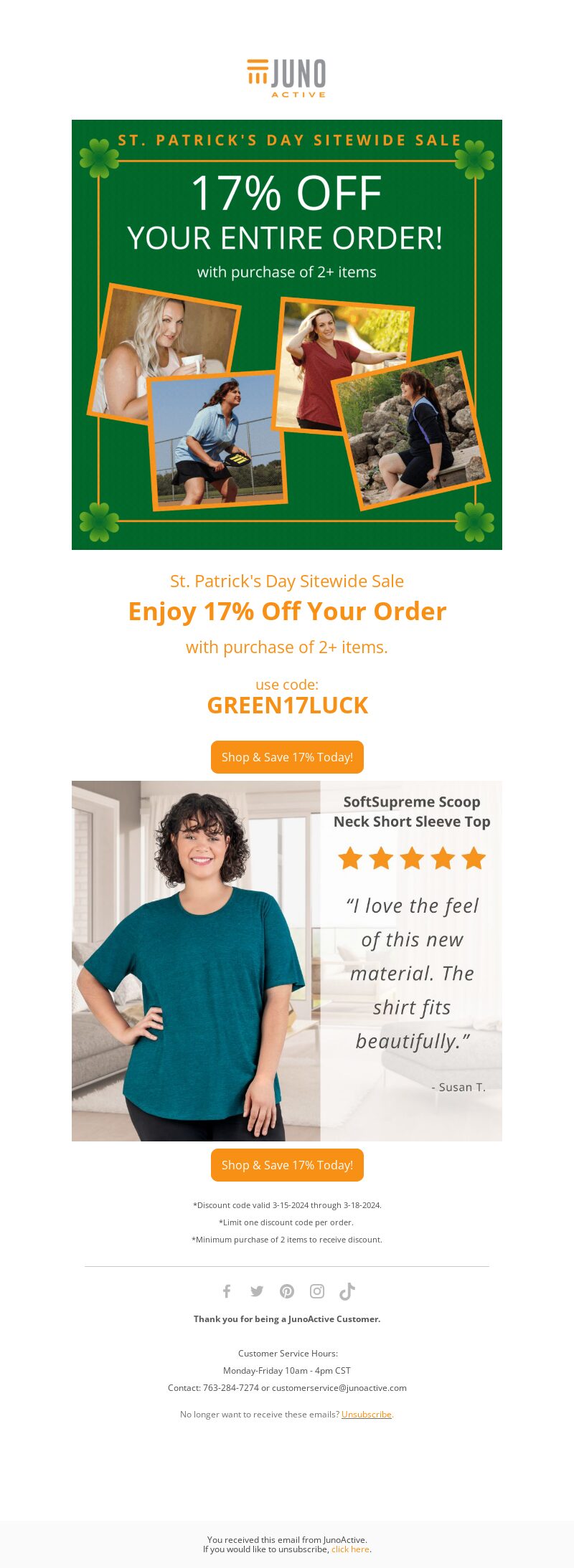Juno Active St. Patrick’s Day email marketing campaign.