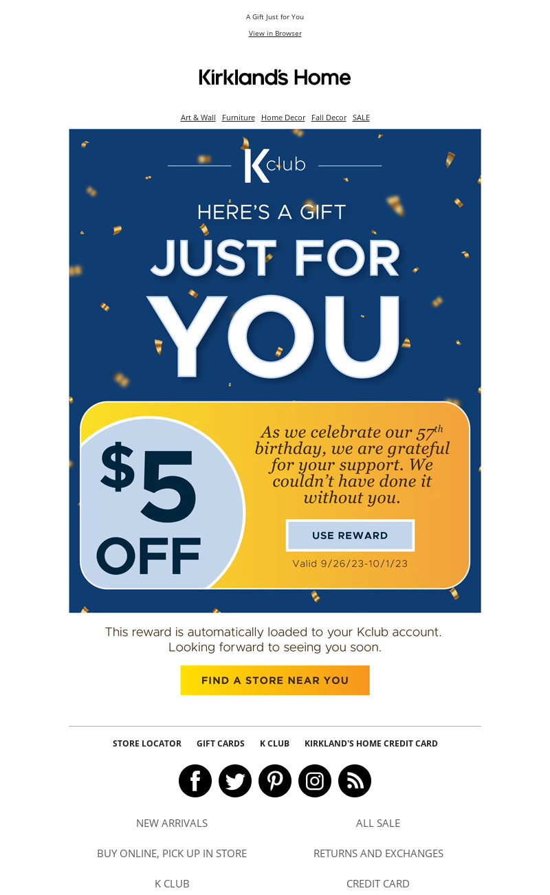 Kirkland, here’s a $5 Reward, Michael, loyalty promotional email.