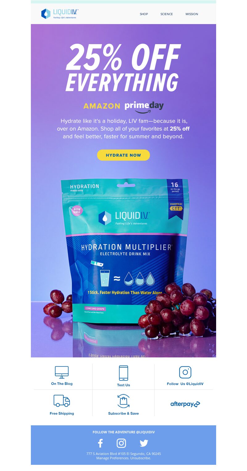 Liquid IV, Prime Day email marketing campaign.