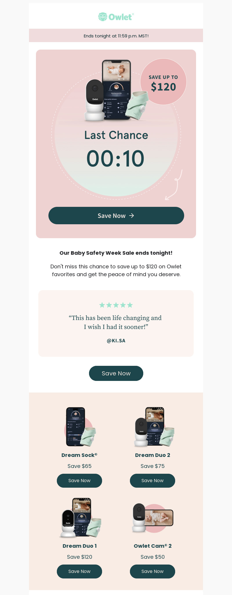 Motherhood Maternity, Owlet baby care ends tonight, promotional email.