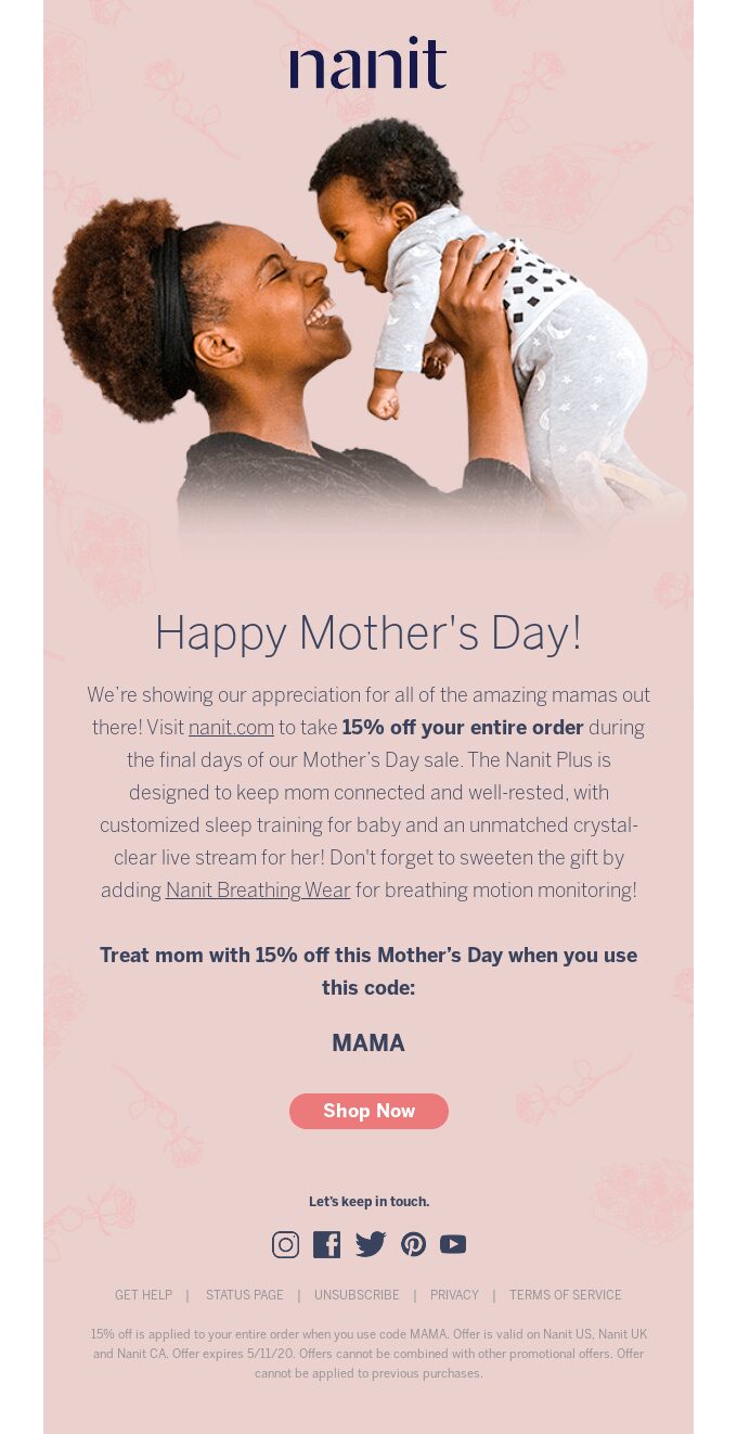 Nanit Mother’s Day email marketing campaign.