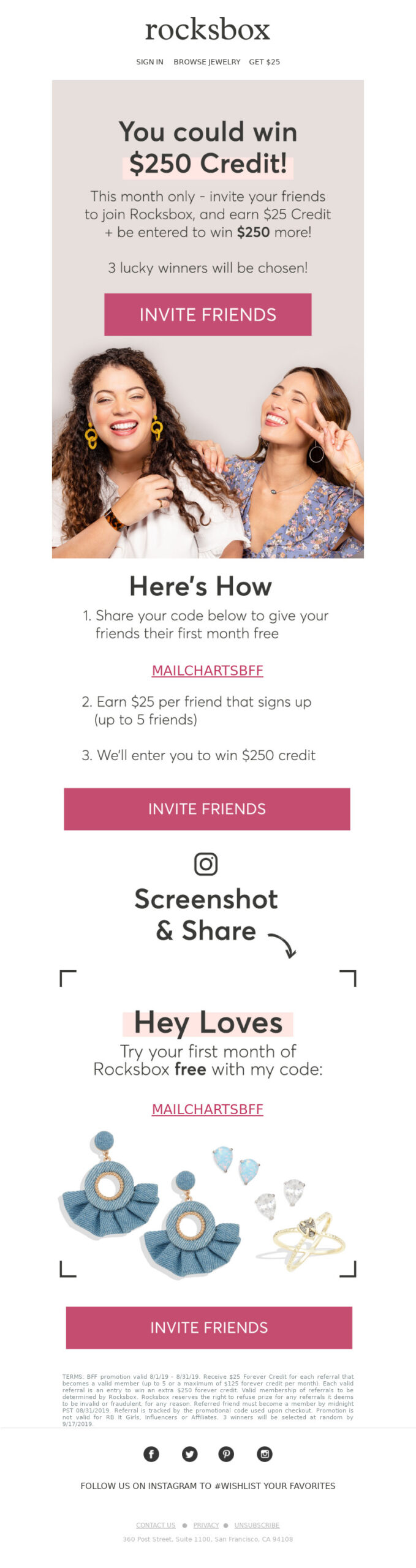 Rocksbox, Refer a friend and get entered to win $250 credit email.