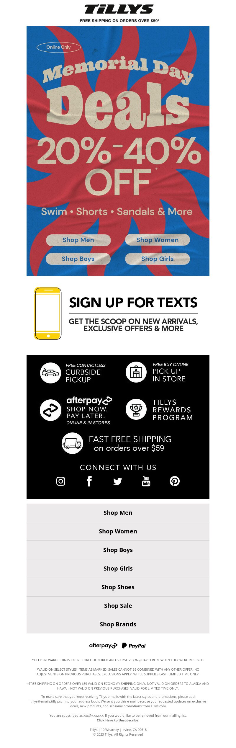 Tillys, Memorial Day sale email campaign.