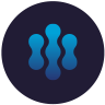 Circle shaped icon with smaller blue circles connected together making three line shapes