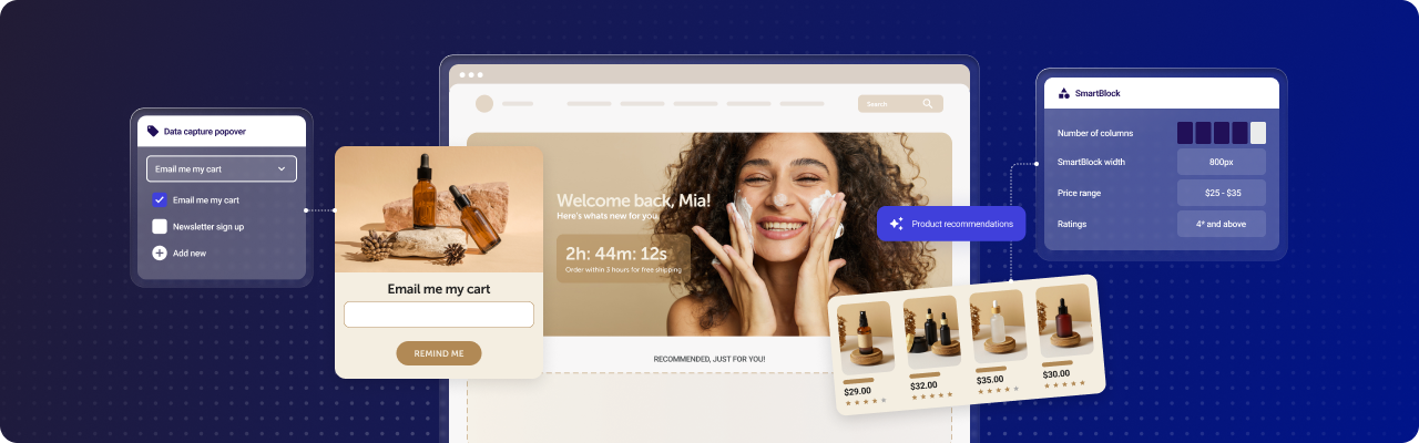 Dotdigital UI preview showcasing social media ads with a person using beauty products
