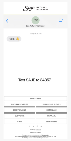 Saje email, text us to save 20% off.