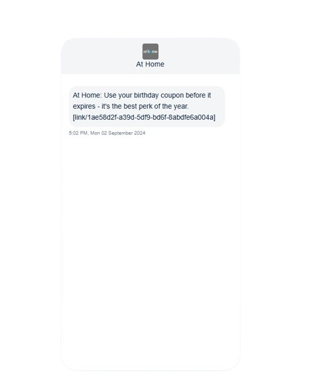 At Home, SMS birthday alert message