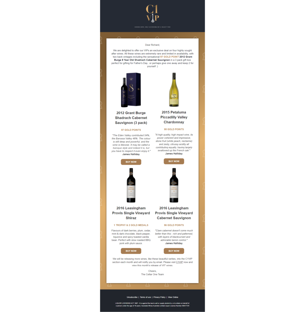 Cellar One email marketing with product recommendations
