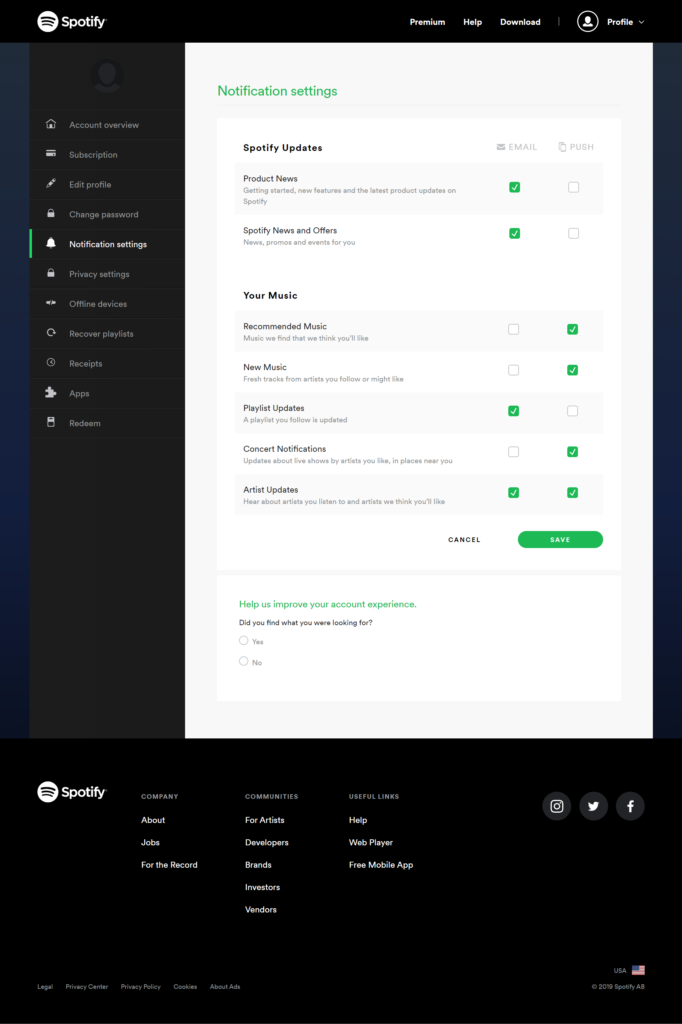 Spotify, preference centre.