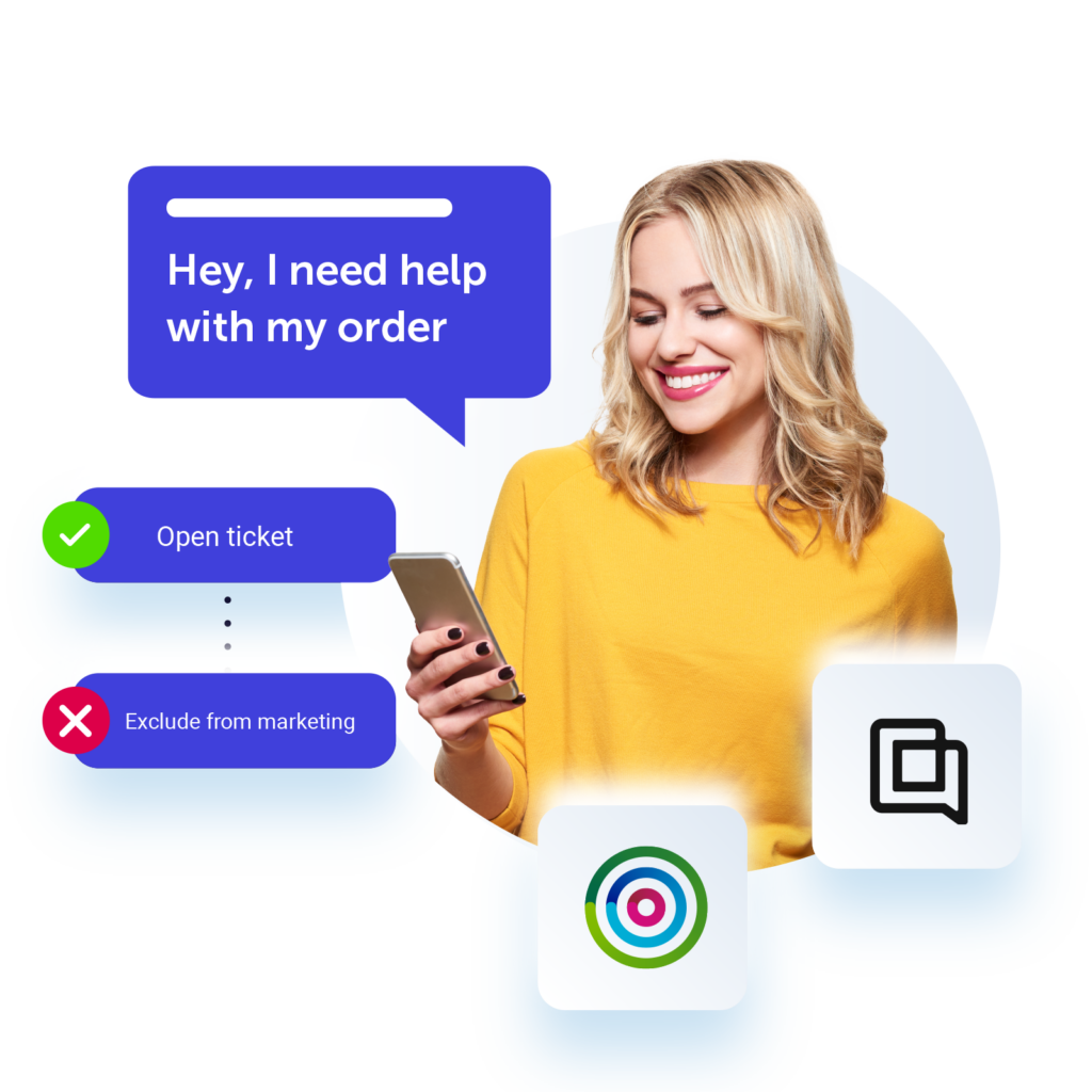 Image showing a customer with a speech bubble saying 'hey, I need help with my order' the image also has overlayed text saying 'open ticket' and 'exclude from marketing'