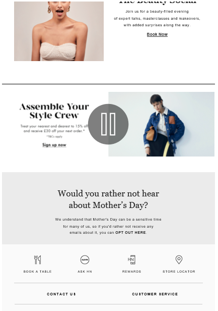 Capture of Harvey Nichols' email with subtle block to opt out of Mother's Day
