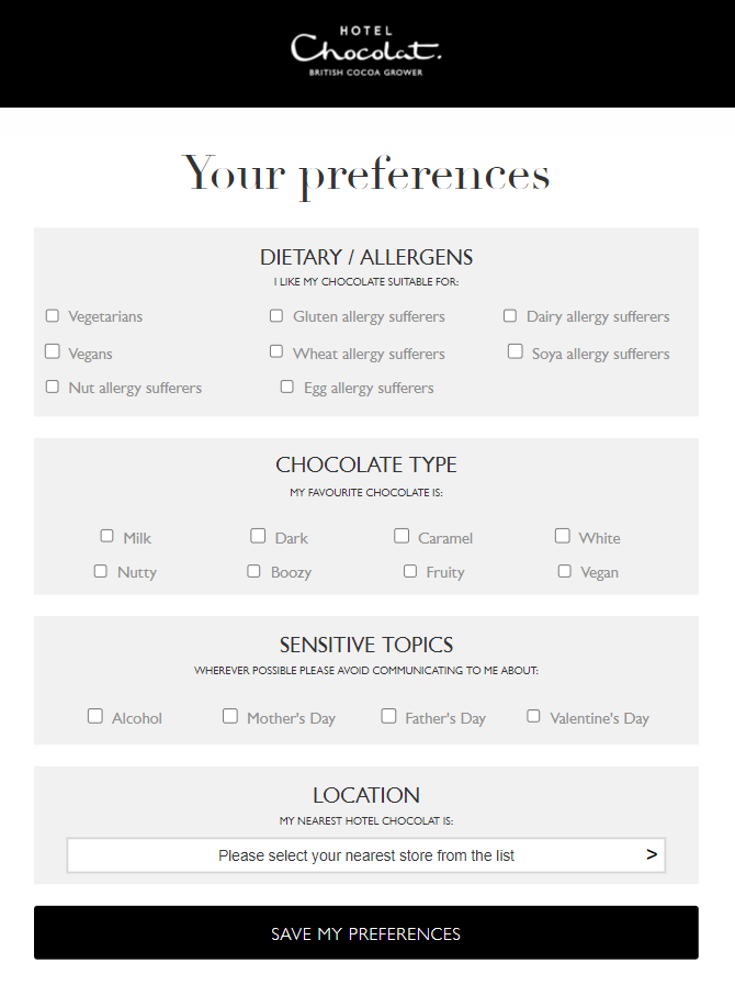 Capture of Hotel Chocolat's preference center highlighting the options to opt out of alcohol, Mother's Day, Father's Day and Valentine's Day