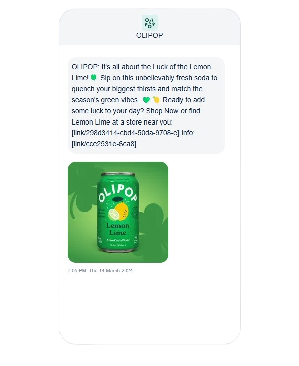 Olipop St. Patrick’s Day SMS message