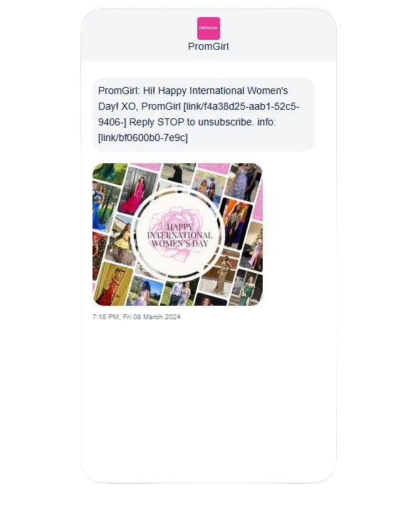 Prom Girl International Women’s Day SMS marketing campaign.