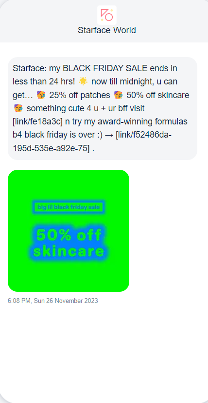 Starface World, MMS Black Friday message.