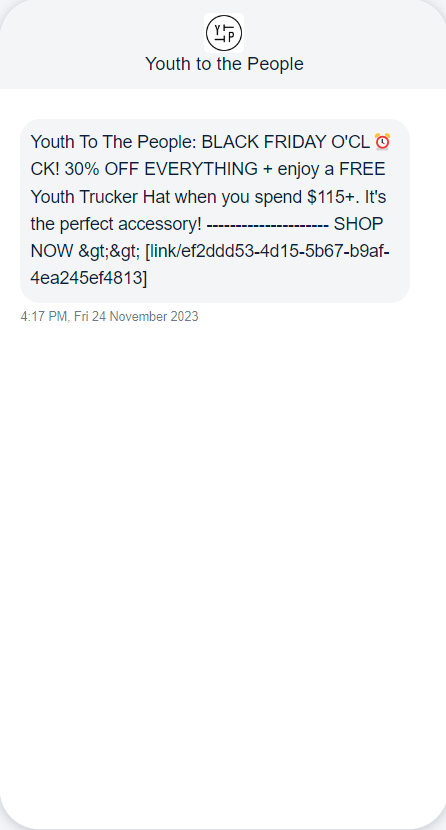 Youth To The People's Black Friday SMS campaign featuring use of emojis.