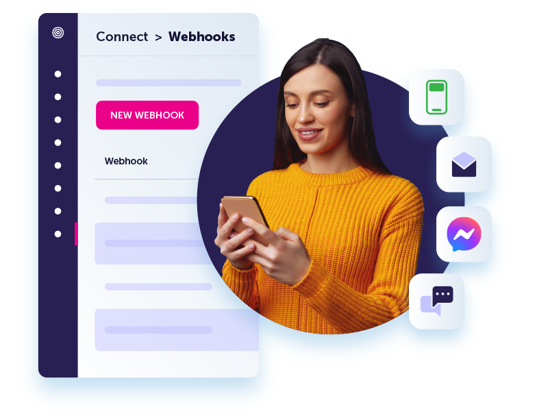Brunette woman in orange jumper with artist mock-up of Dotdigital's webhooks feature overlayed.