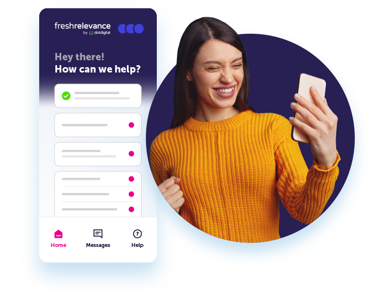 Brunette woman in orange jumper smiling at cell phone with artist mock-up of the new Fresh Relevance support screen overlayed.