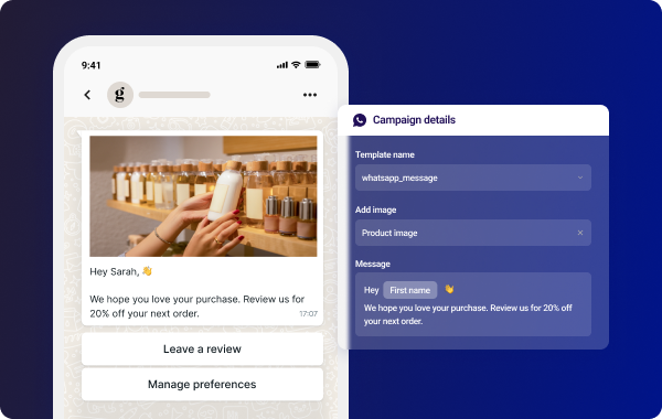 Mobile phone UI showing WhatsApp communications