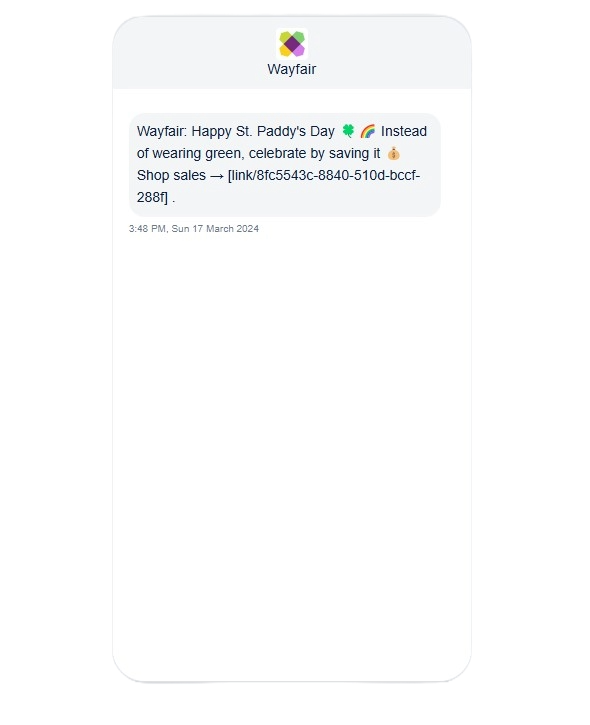 Wayfair St. Patrick’s Day SMS message
