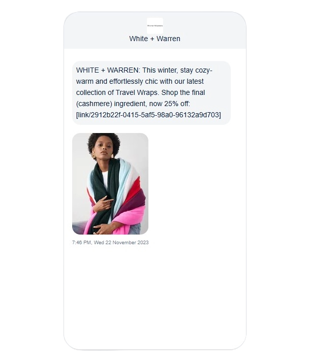 White + Warren, MMS, and discount message.