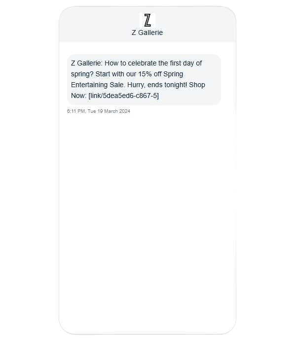 Z Gallerie First Day of Spring SMS message